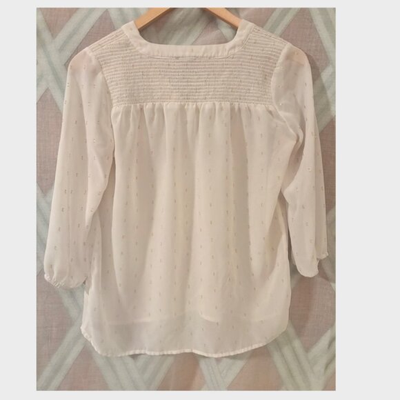 Flowy White and Gold Detail V Neck Blouse- Ann Taylor - Picture 2 of 5